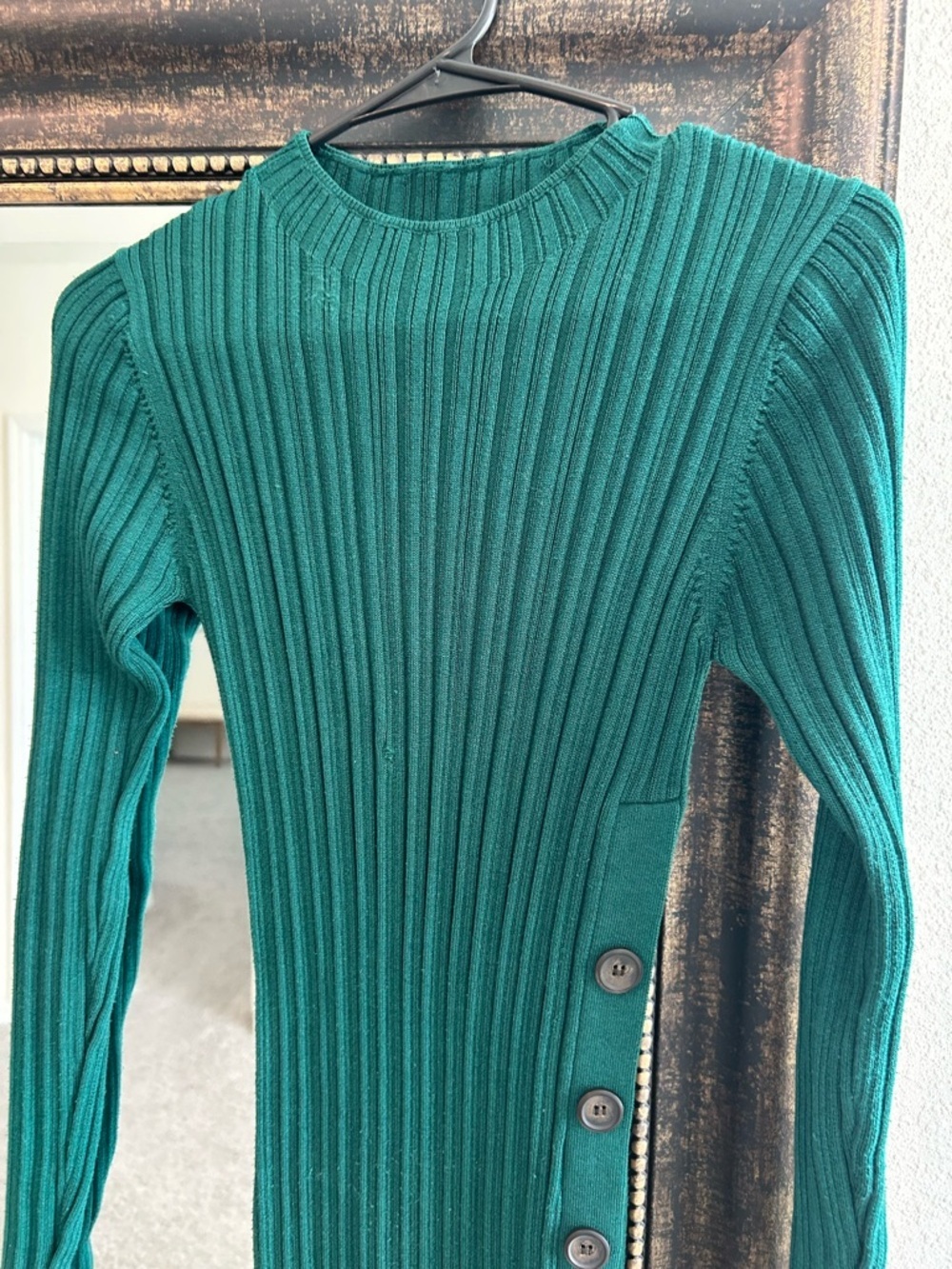 Adam Lippes Ribbed Long Sleeve Button-Trim Midi Dress in Green - Picture 6 of 12